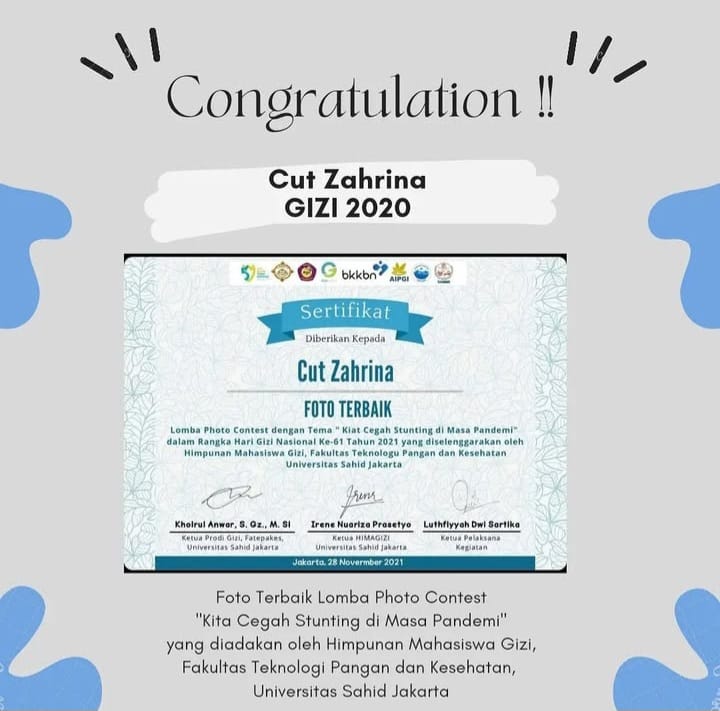 Foto Terbaik Lomba Photo Contast dengan Tema Cegah Stunting di Masa Pandemi dalam Rangka Gizi Nasional Ke-61 Tahun 2021 yang yang diselenggarakan din sleh Himpunan Mahasiswa Gizi, Fakultas Teknologu Pangan dan Kesehatan Universitas Sahid Jakarta